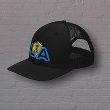 Load image into Gallery viewer, &quot;Snap-back Trucker Hat&quot; - Sunny L.A. with blue outline
