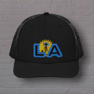 "Snap-back Trucker Hat" - Sunny L.A. with blue outline